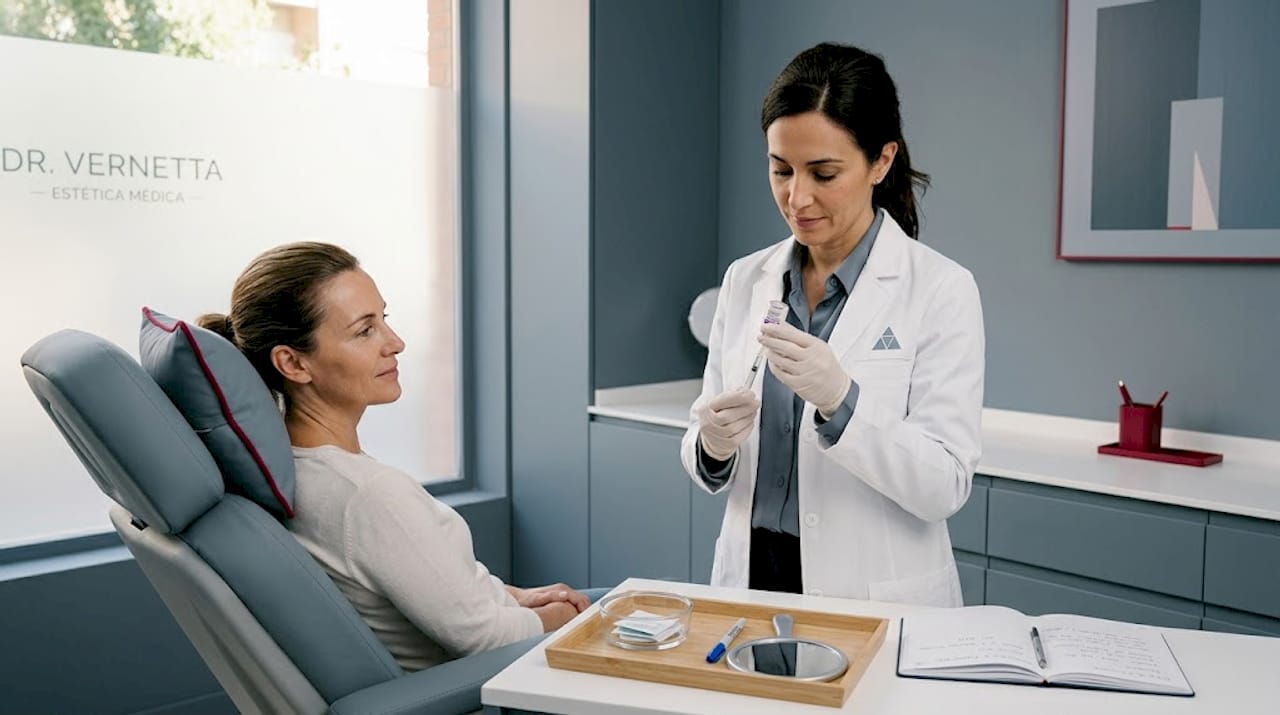 El dermatólogo alista una aplicación de bótox para su paciente.