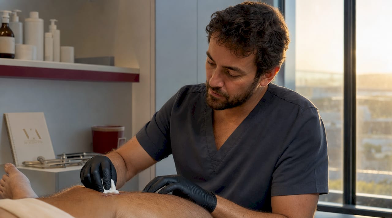 Un profesional de la salud limpiando cuidadosamente una herida tras una intervención quirúrgica.