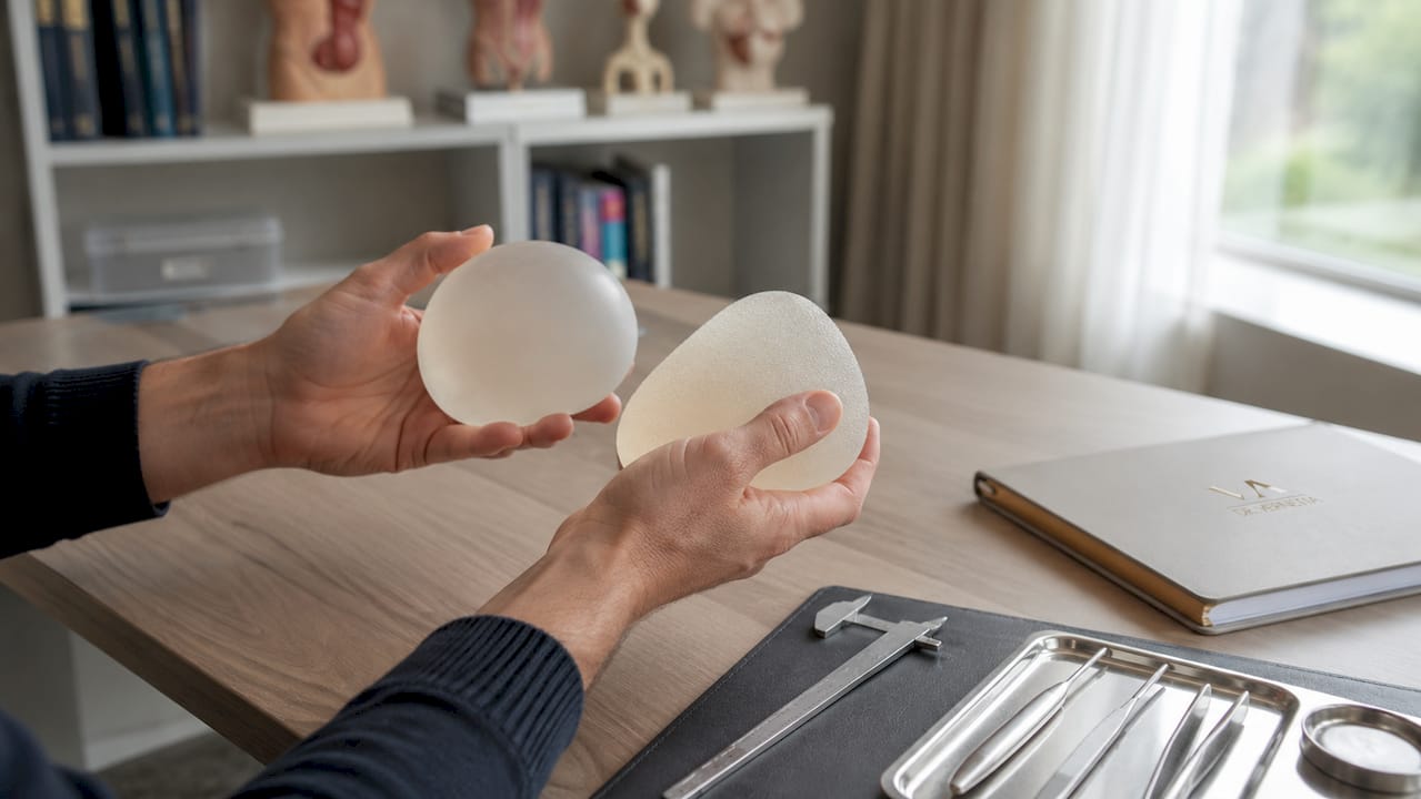 Manos evaluando diferentes modelos de implantes mamarios