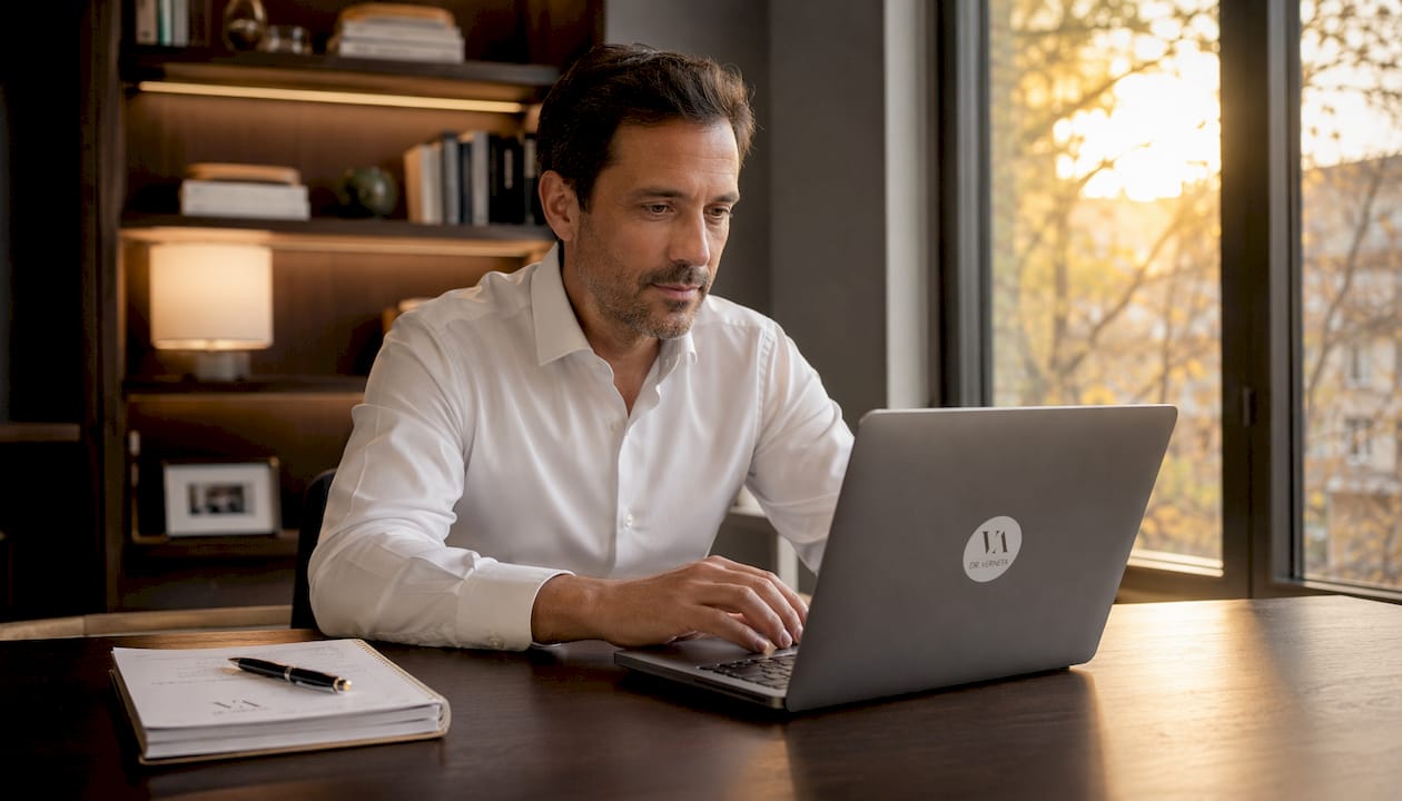 El Dr. Oriol Vernetta revisa y completa un formulario sobre su escritorio