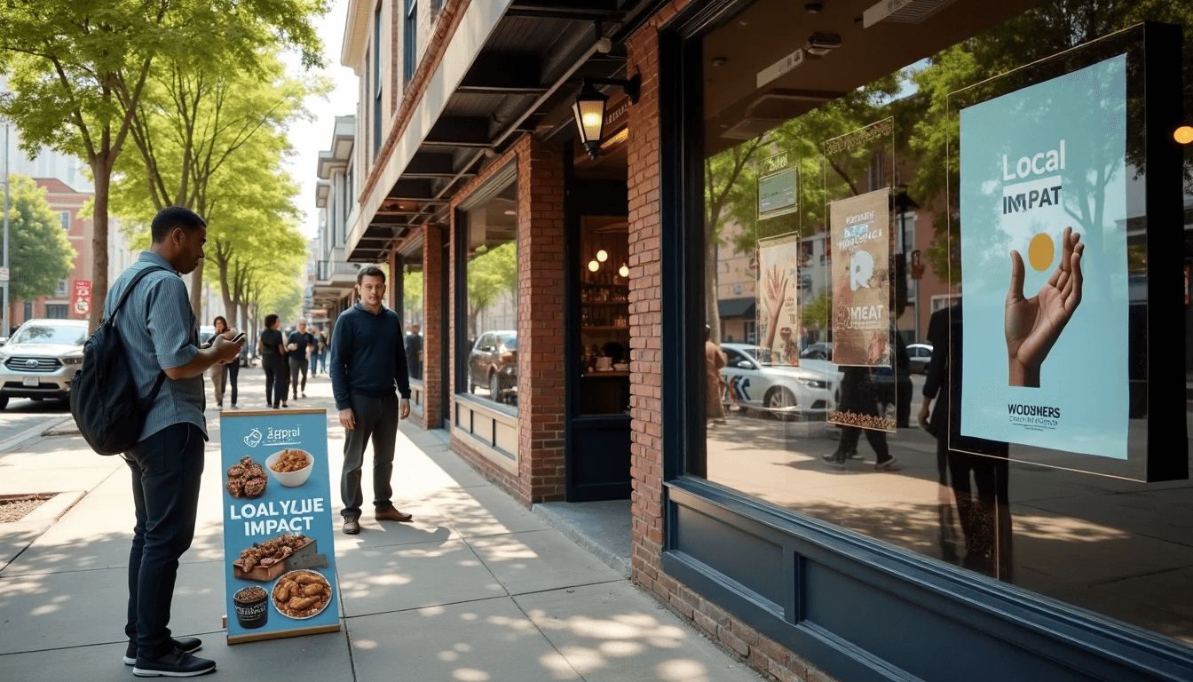 Storefront with digital ad and local marketing display creating regional engagement
