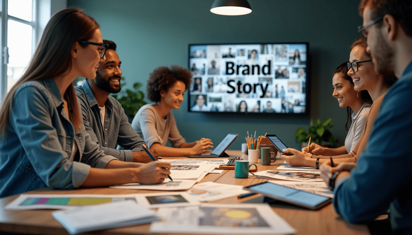 Small business team develops brand story in creative workspace