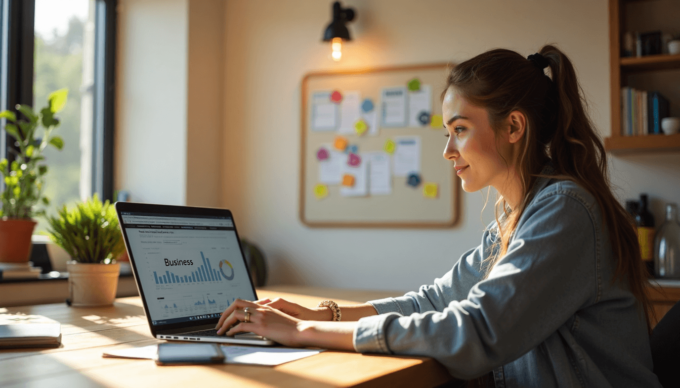 Small business owner plans social media at laptop for growth