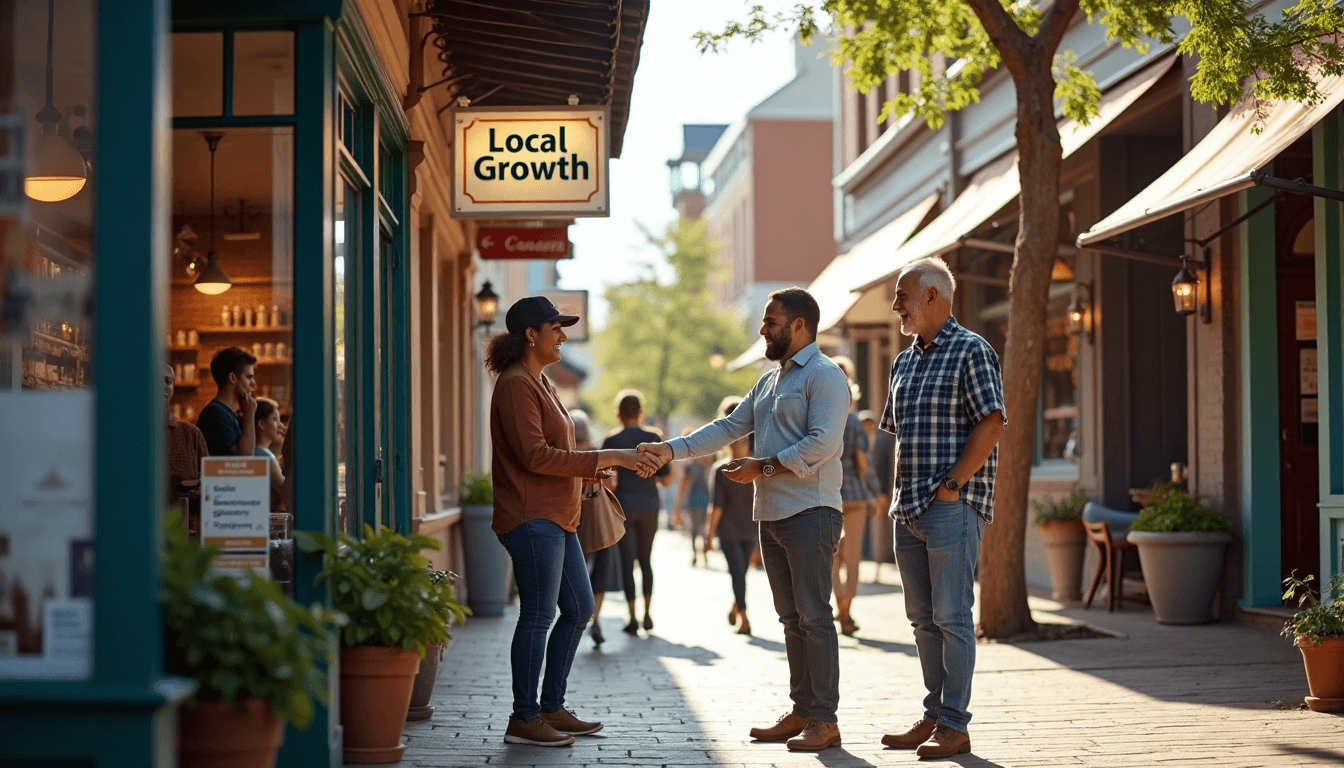 Local business owners and customers interacting on a busy main street, highlighting growth and community marketing