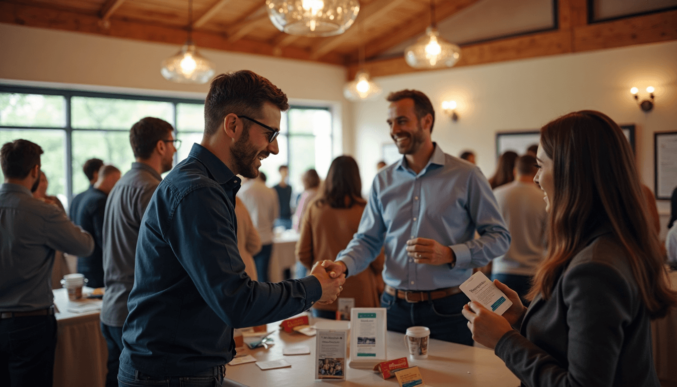 Local business professionals networking at community event, emphasizing authentic engagement and partnership