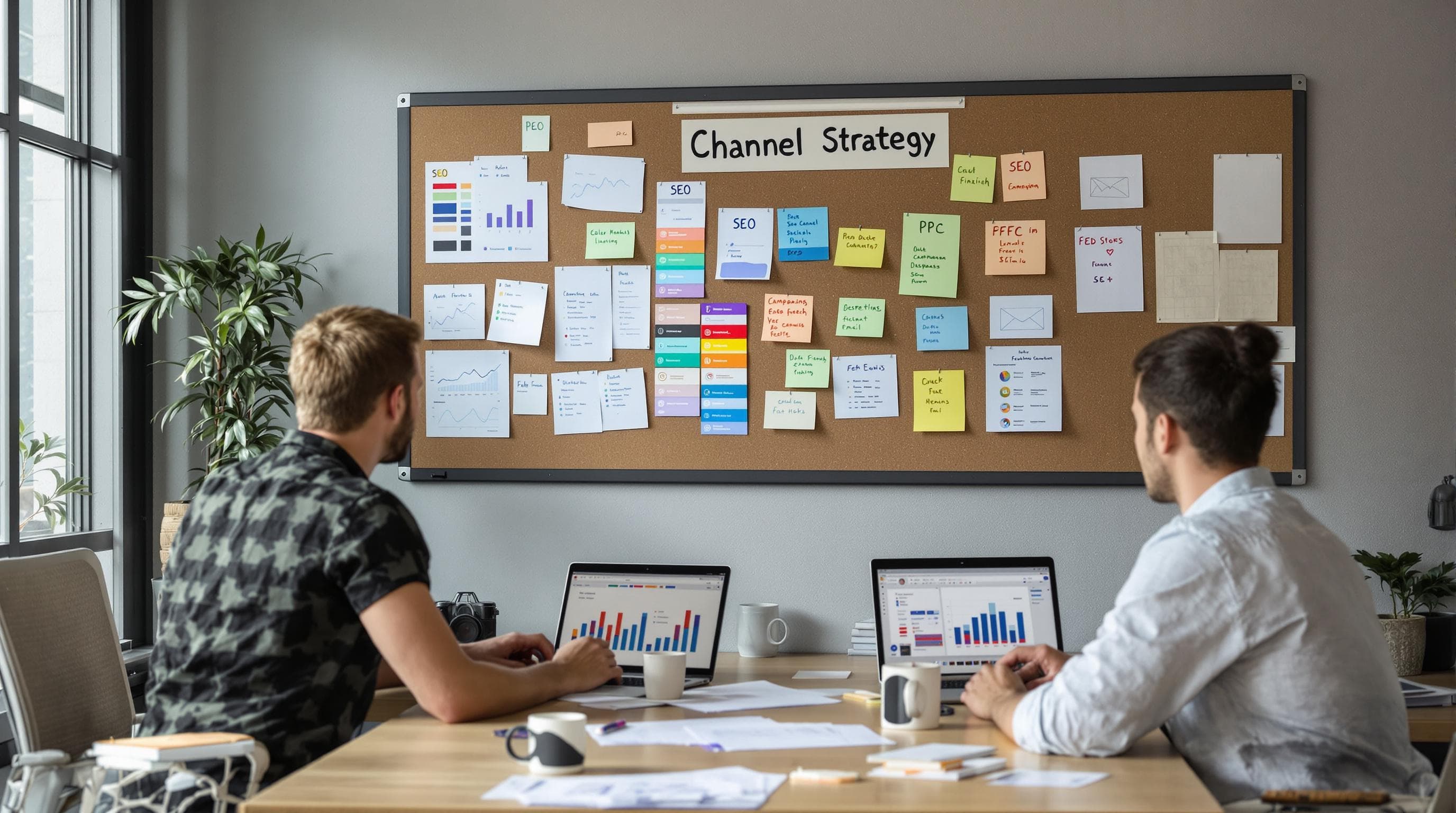 Marketers reviewing campaign plan showing digital marketing channels and strategies