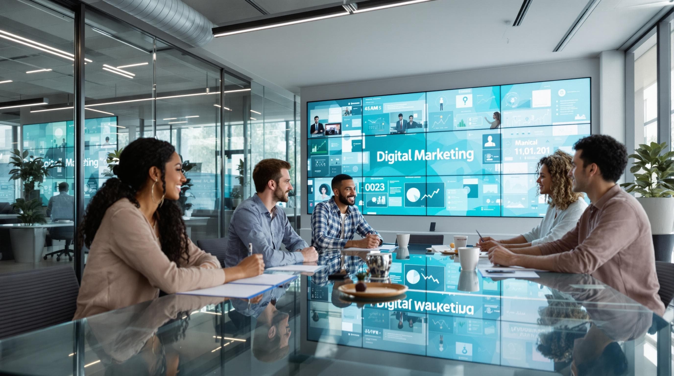 Modern office with marketing team, digital screens, and 'Digital Marketing' text