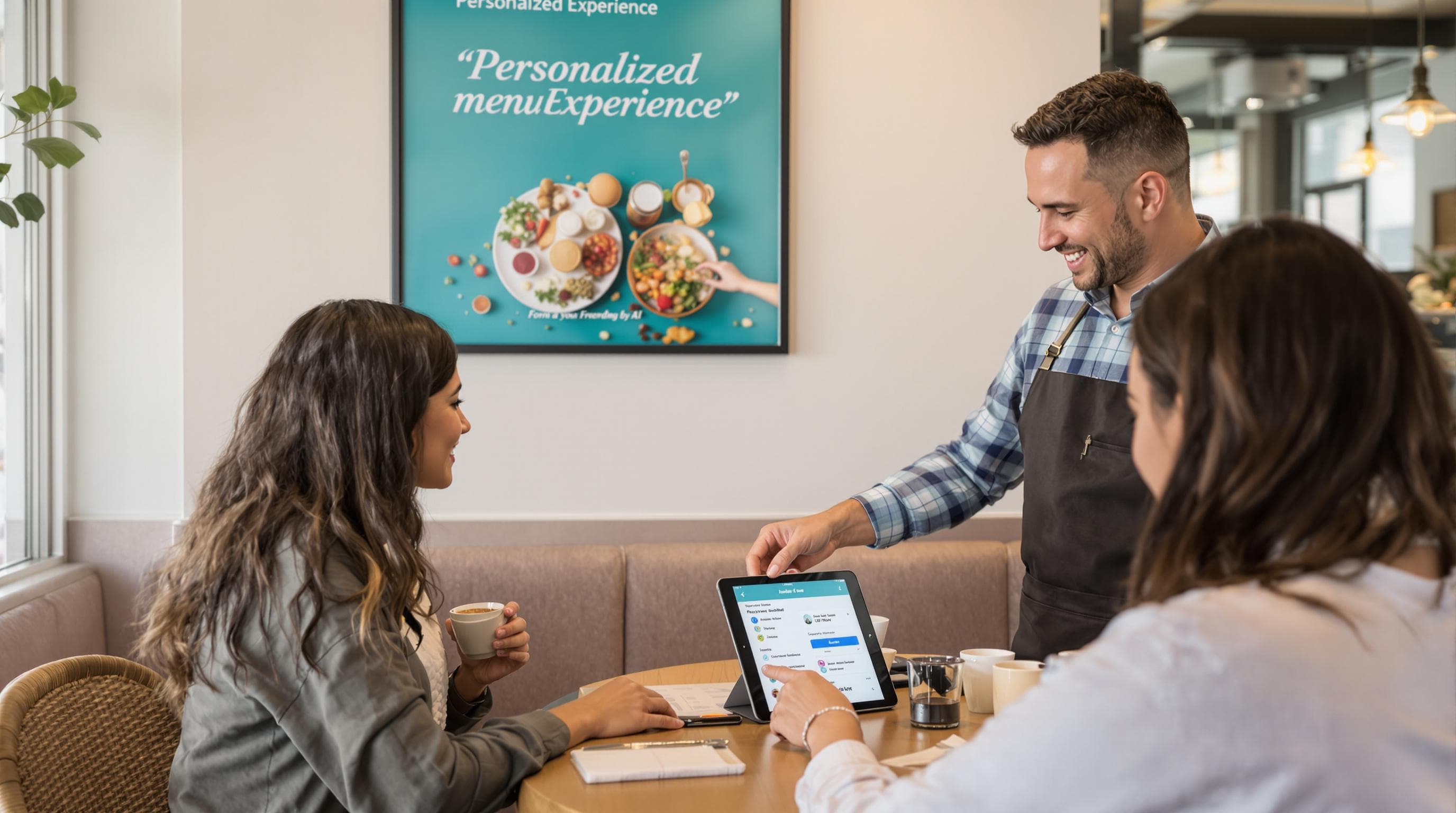 Customer in cafe viewing AI-driven personalized menu recommendation with server