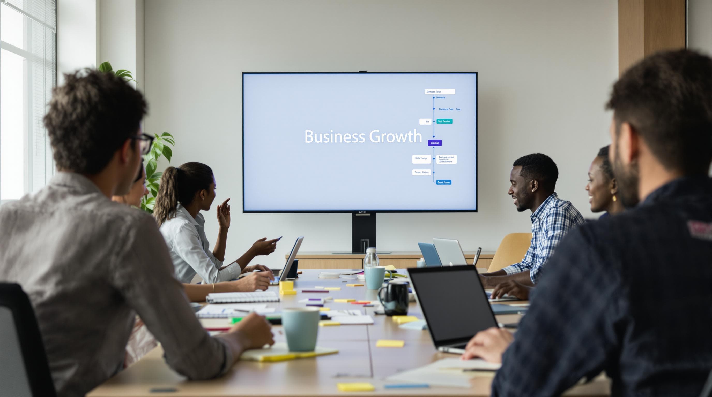 Diverse marketing team meeting around digital strategy screen showing 'Business Growth'