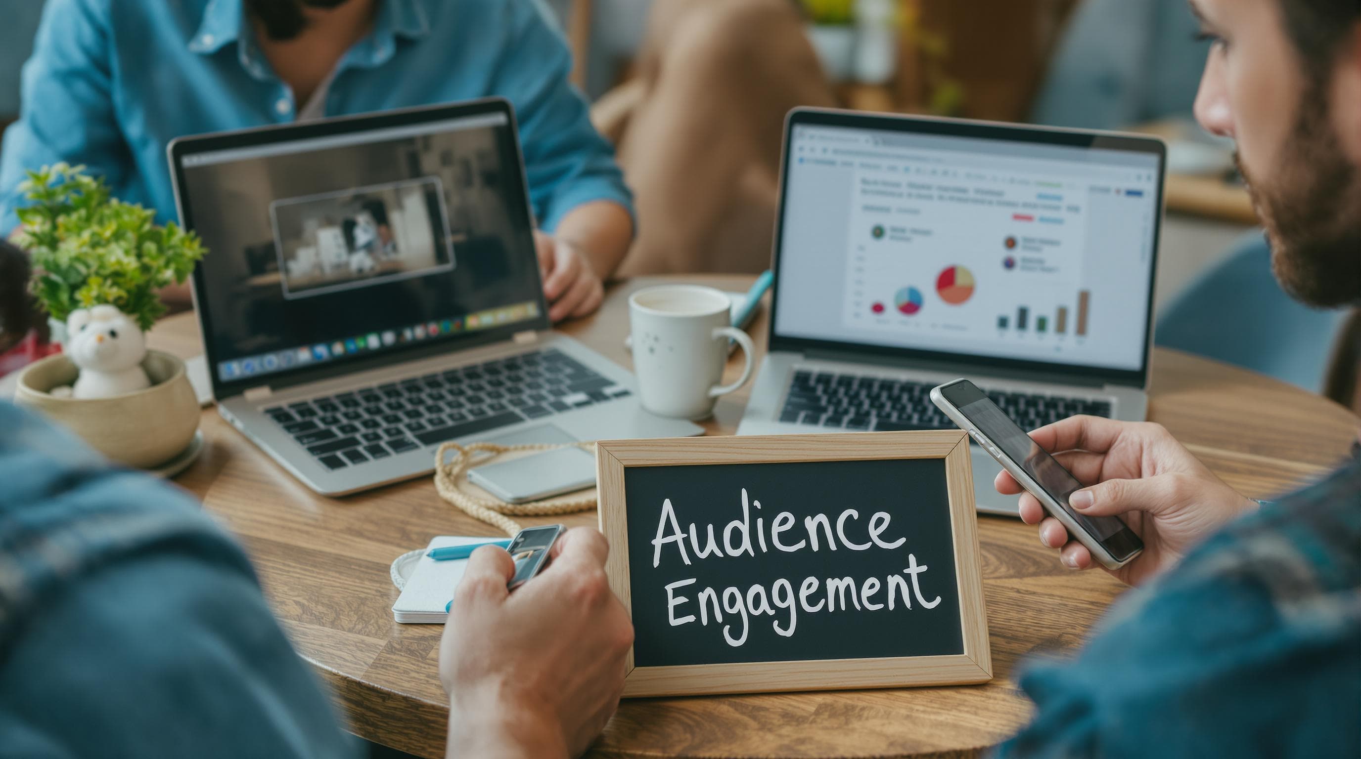Marketers analyzing video engagement statistics with 'Audience Engagement' sign in café