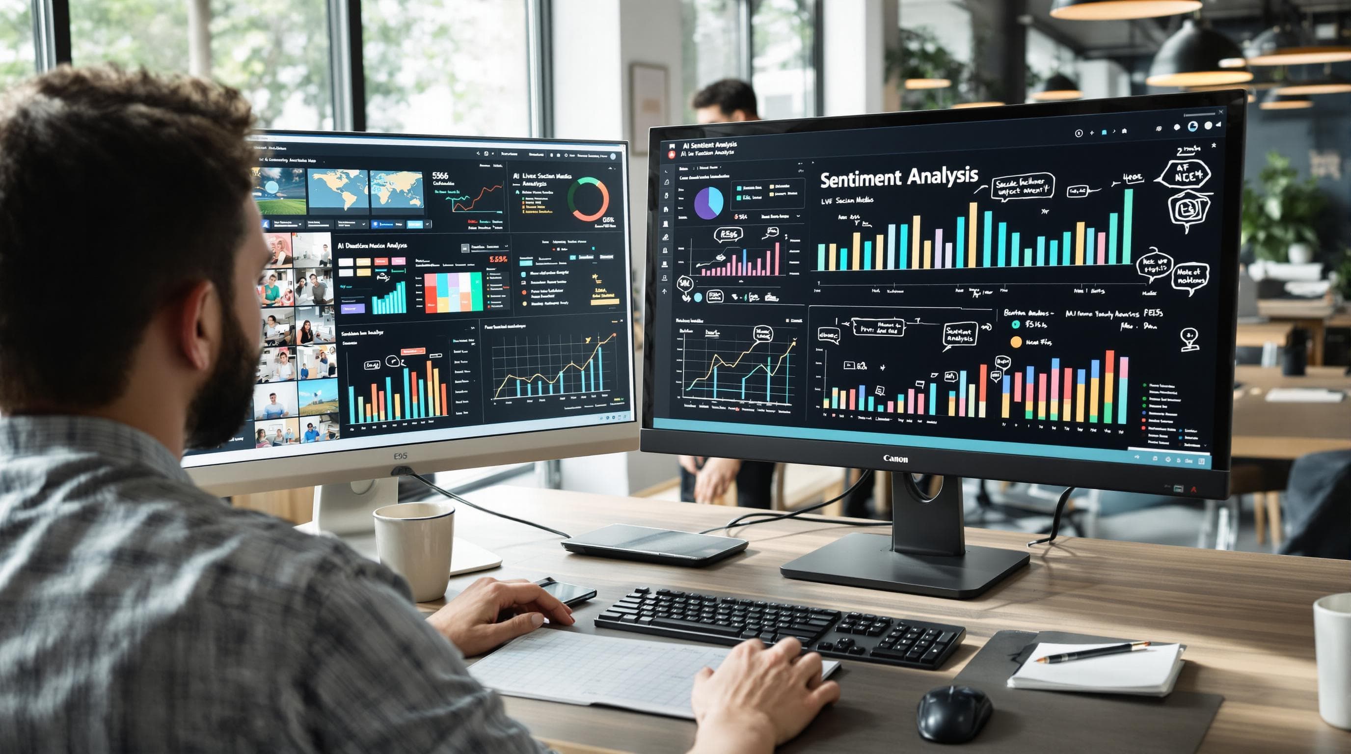 Marketing manager analyzes online sentiment using dual monitors and AI tools