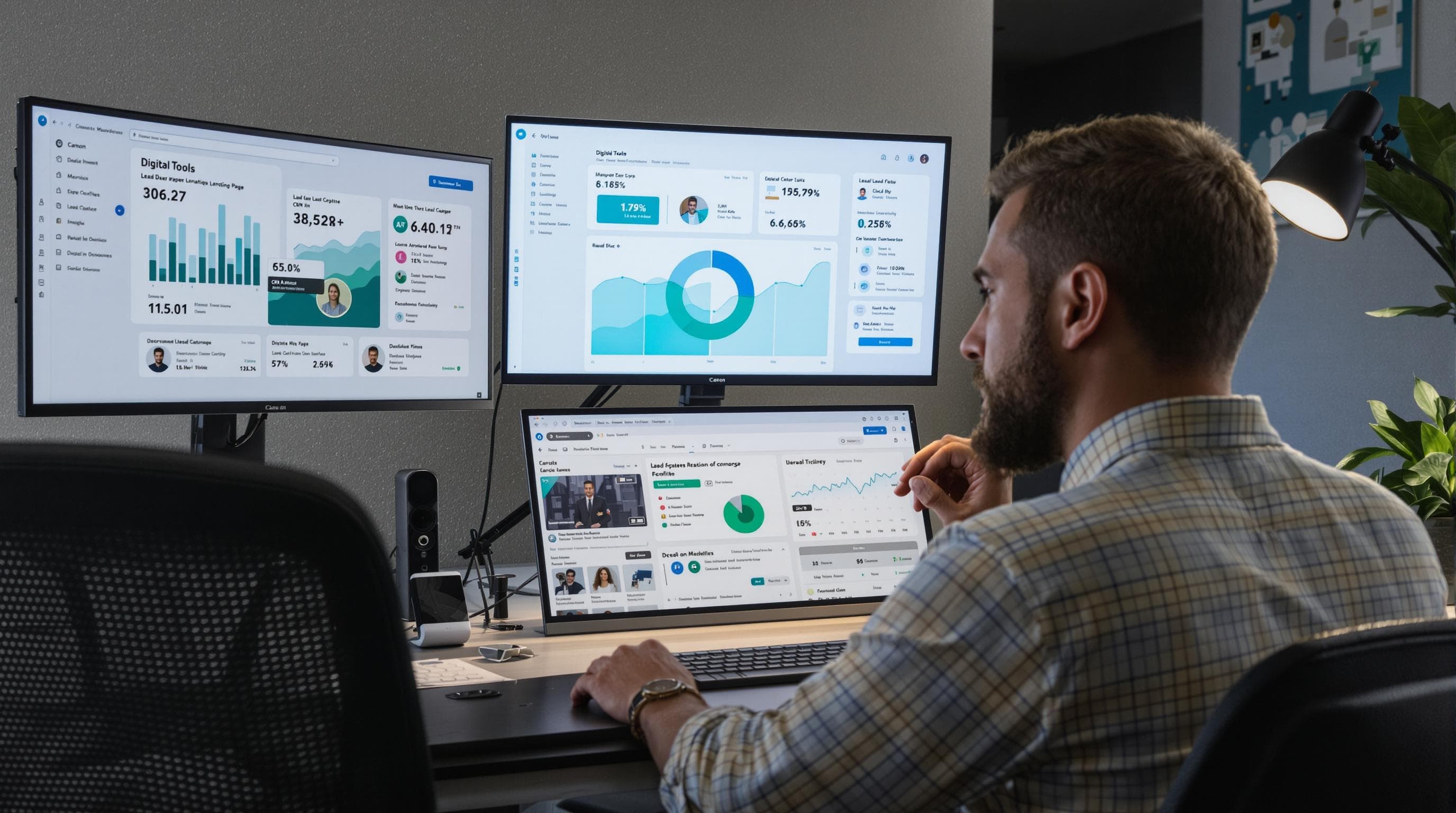 Marketer using screens with CRM, lead and analytics dashboards for lead generation