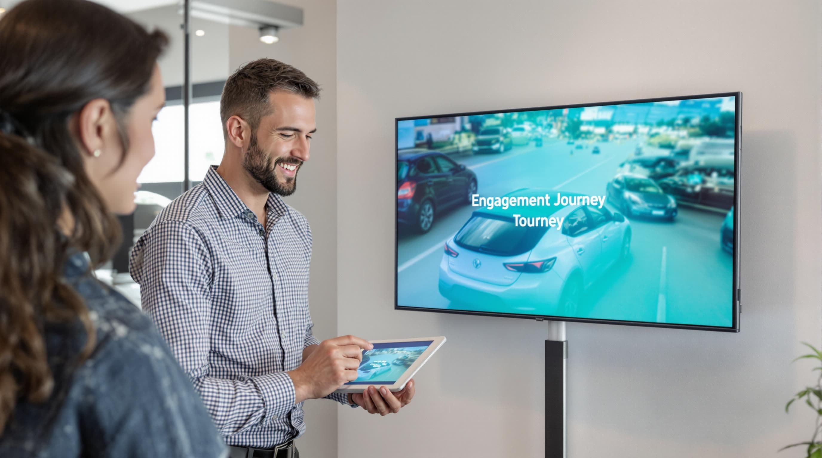 Consultant and customer viewing video walkthrough on large dealership screen