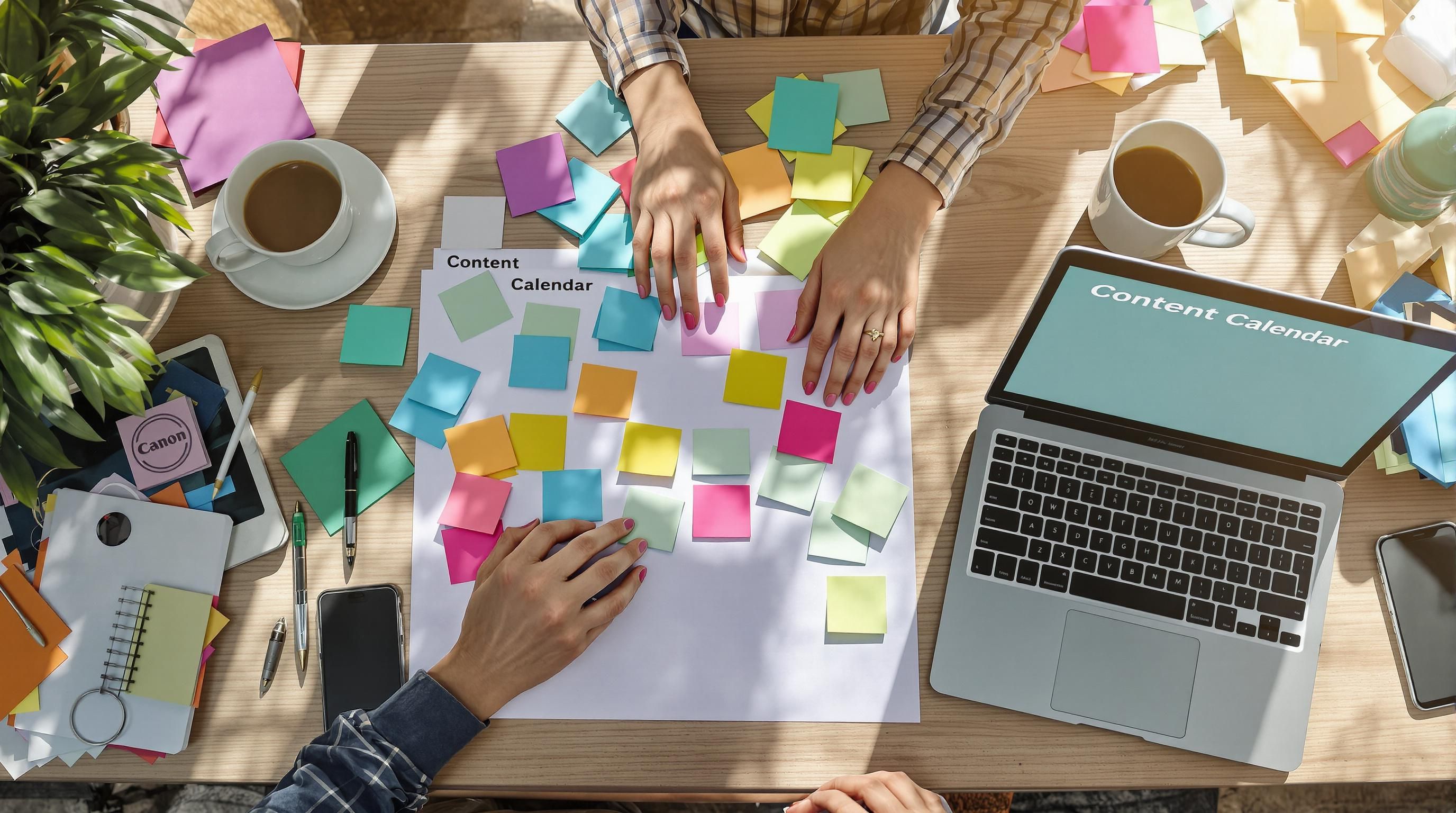 Content creator organizing social media content calendar with 'Content Calendar' on laptop