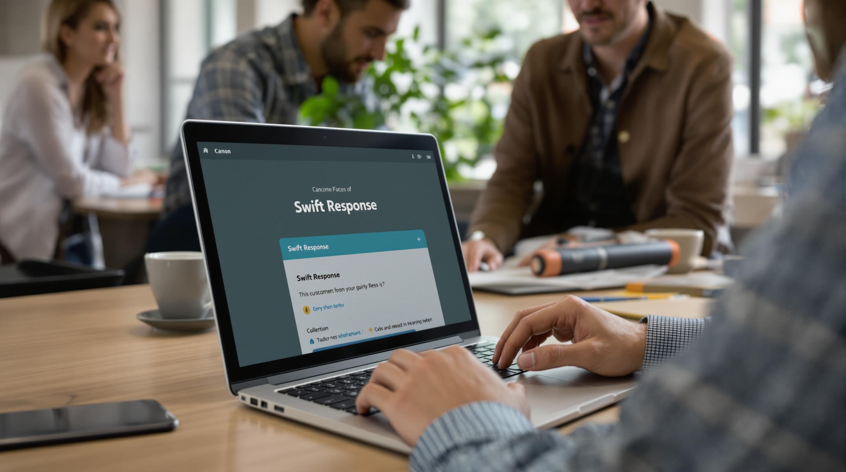 Customer support staff responds to review on laptop in busy office