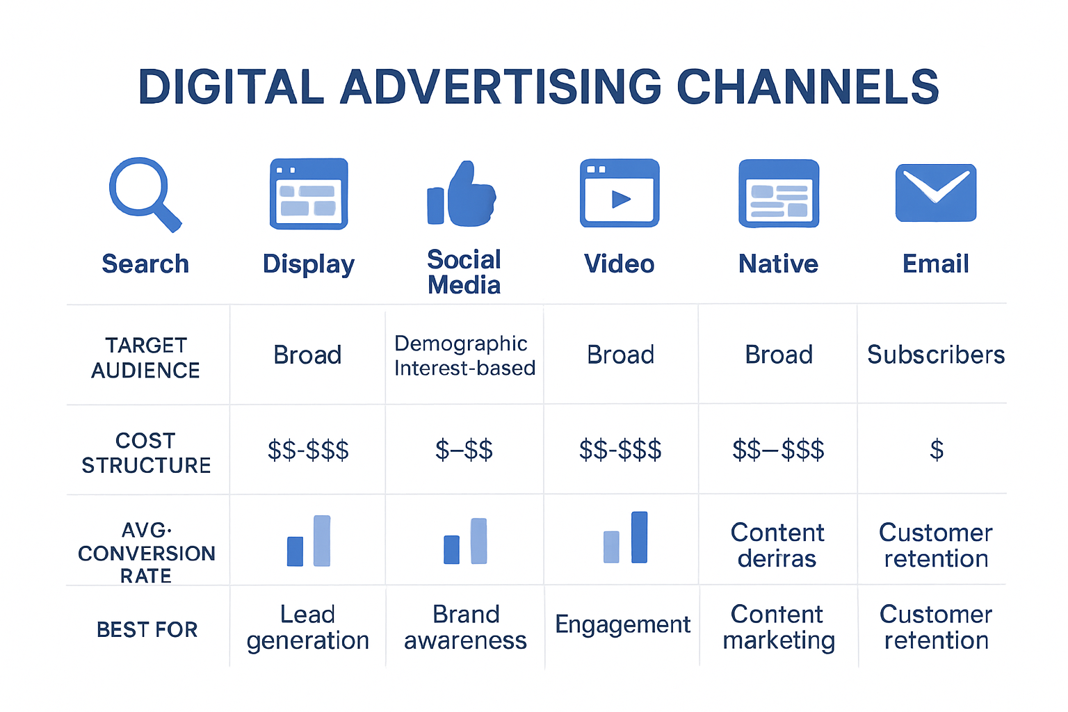Comparison infographic of digital advertising channels and their features