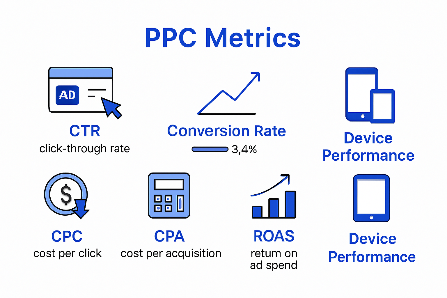 Infographic outlining essential PPC campaign metrics and their impact