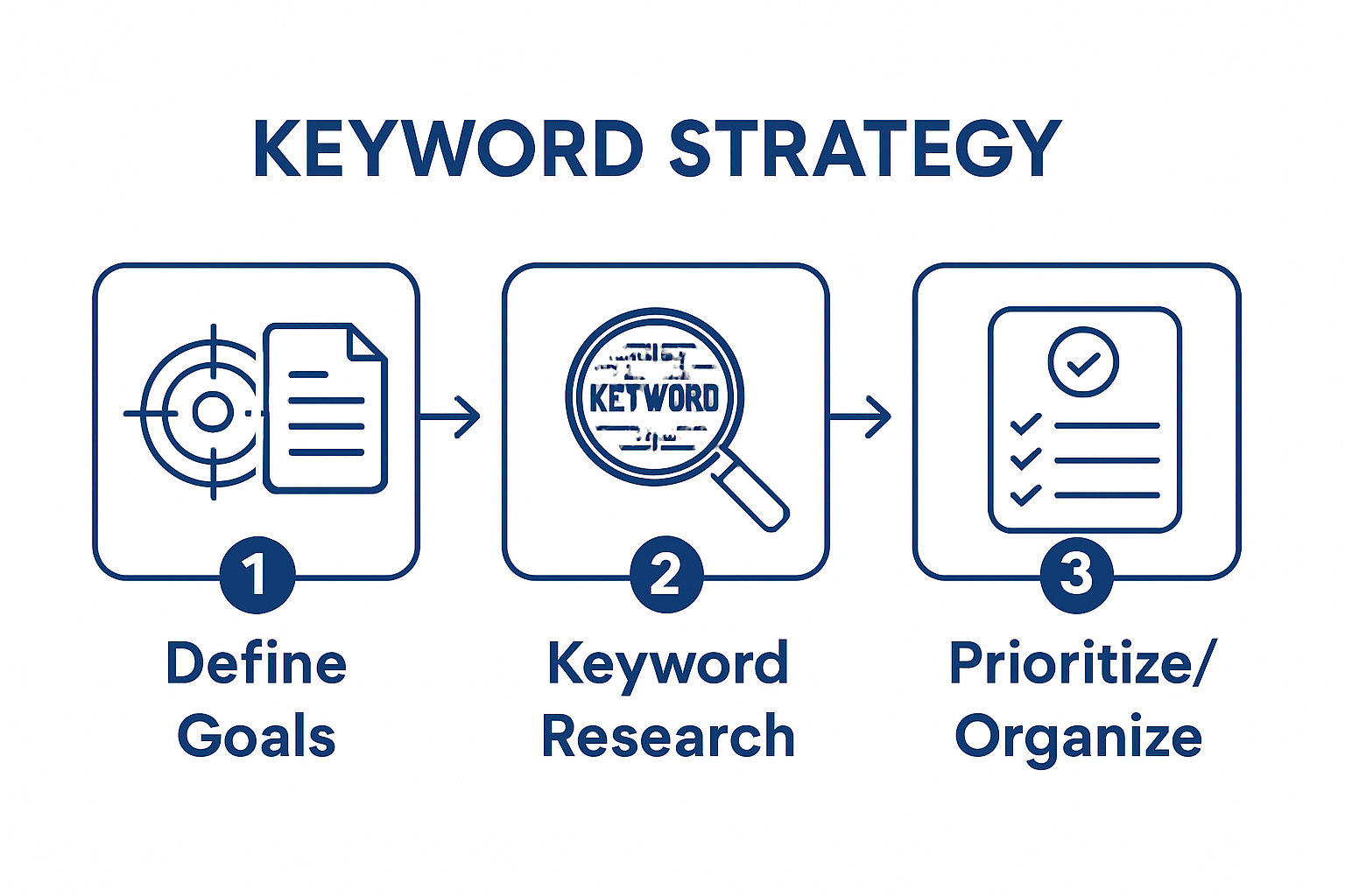 Three-step keyword selection workflow with icons