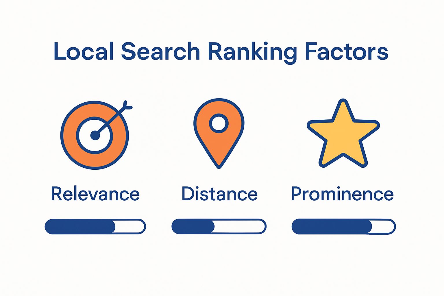 Infographic showing the three core local SEO ranking factors: relevance, distance, and prominence.