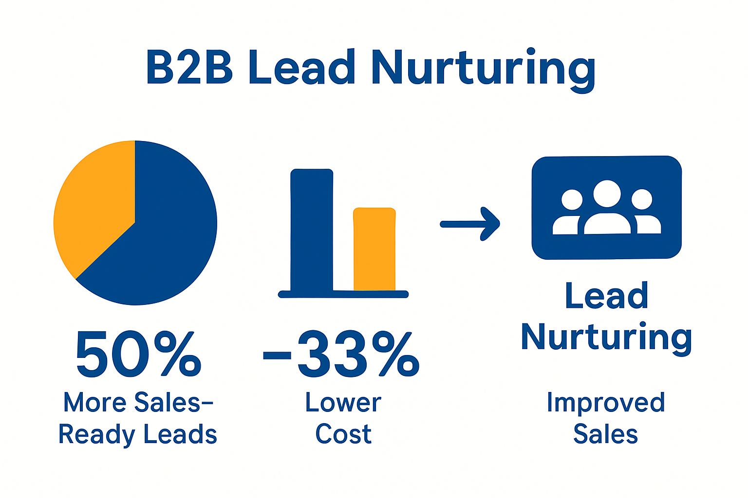 Infographic showing B2B lead nurturing statistics: more leads, reduced cost, improved sales