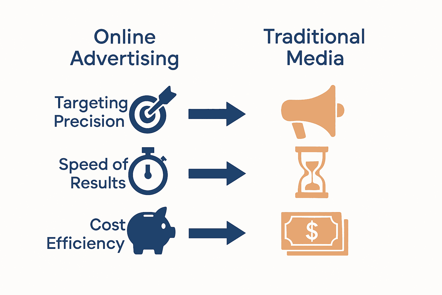 Infographic comparing online vs traditional advertising with icons for targeting, speed, and cost.