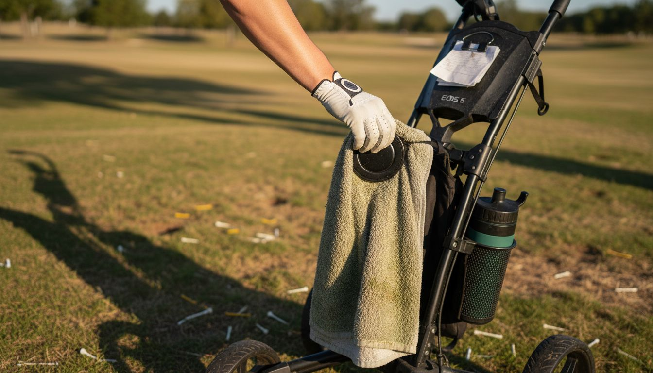 Close-up retrieving magnetically attached golf towel
