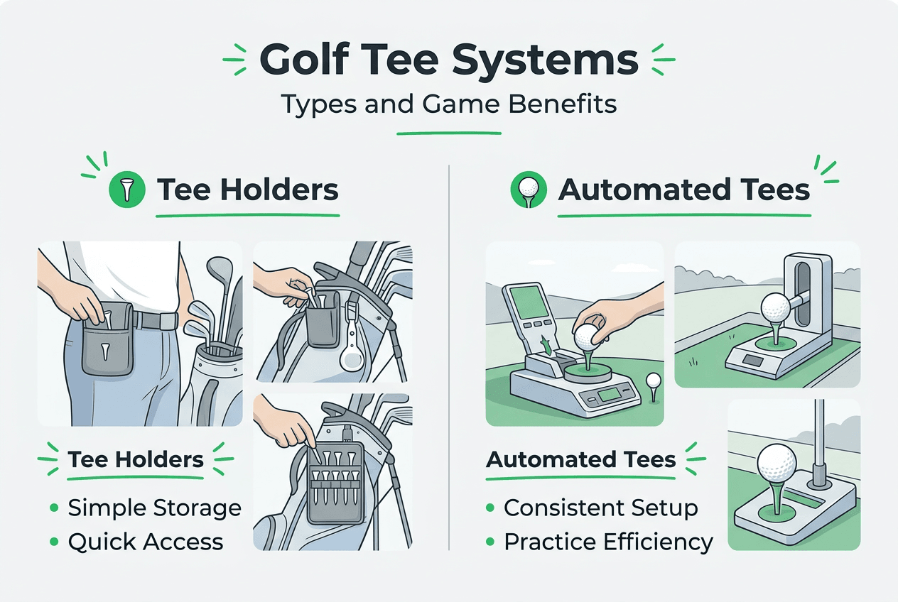 Infographic comparing golf tee systems types and benefits