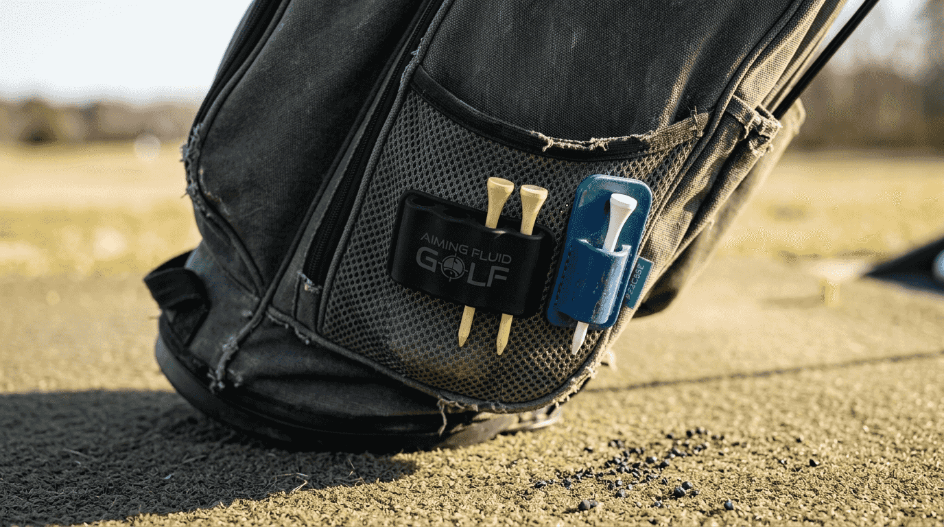 Close-up of golf tee holders on golf bag