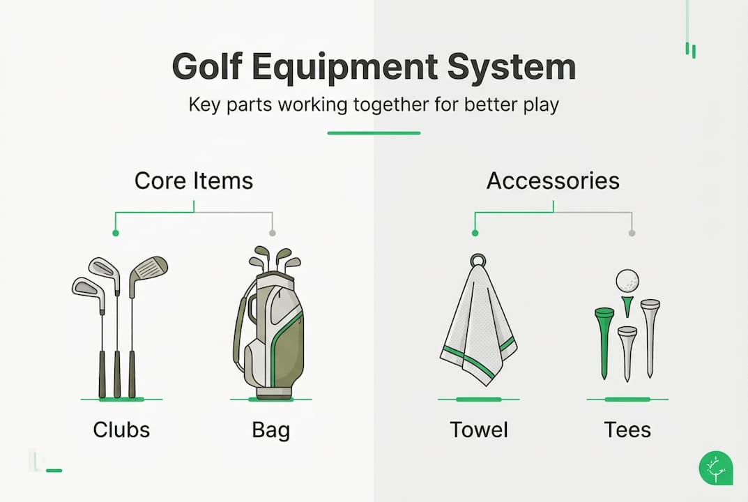 Infographic golf system with clubs, bag, towel, tees