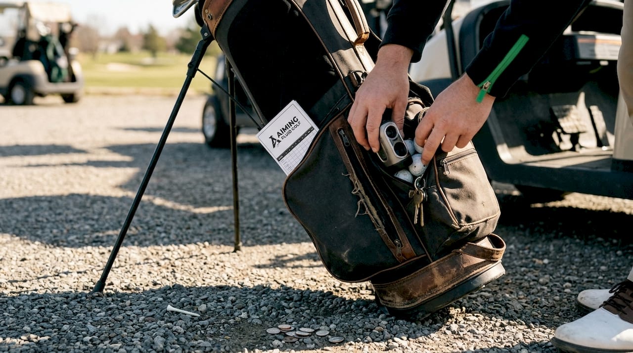 Close-up of golf bag with utility pouch