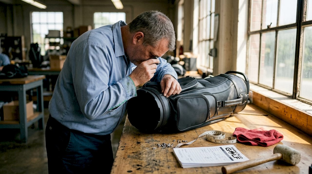 Technician testing golf bag build quality