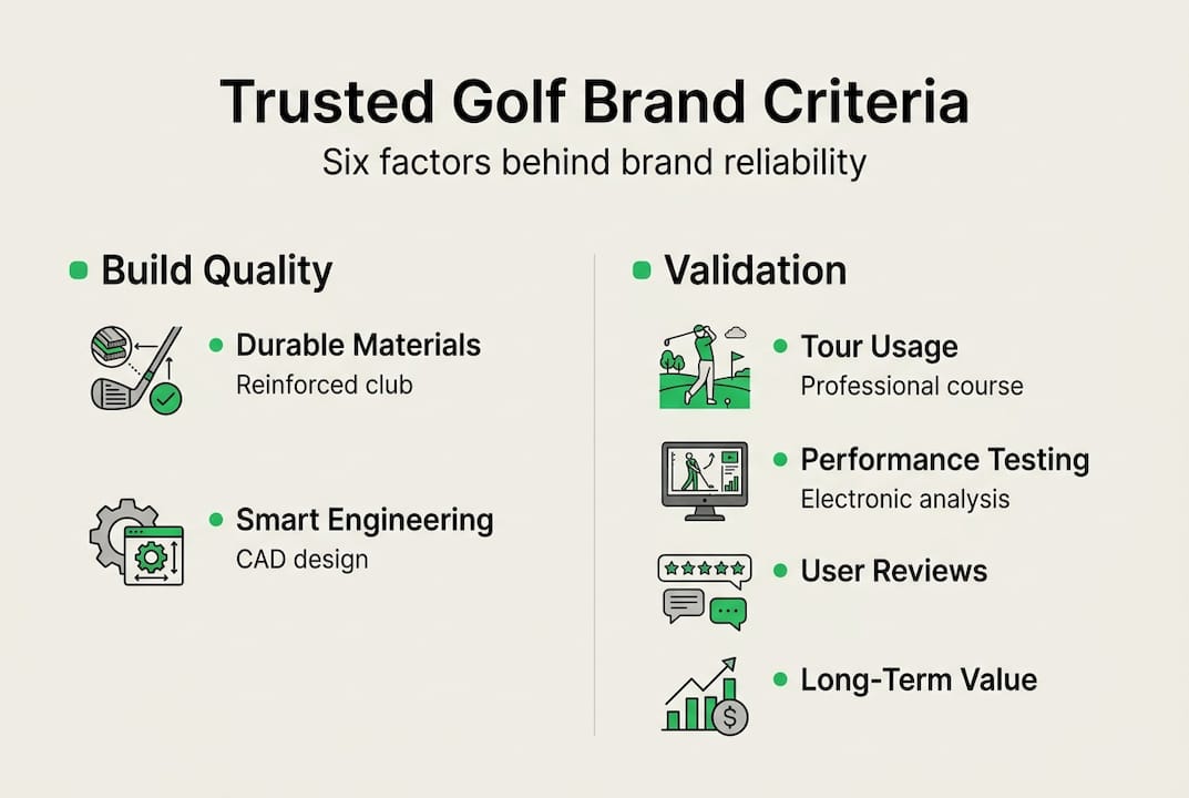 Infographic showing six trust criteria for golf brands