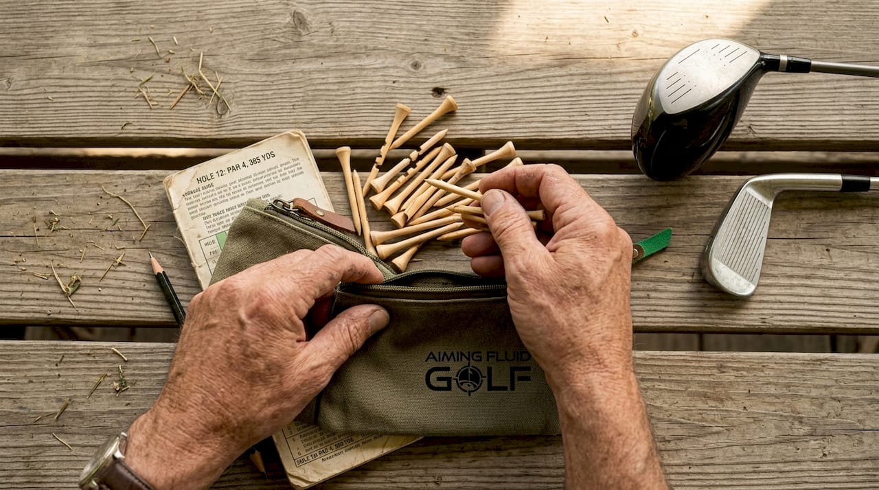 Hands sorting golf tees and accessories