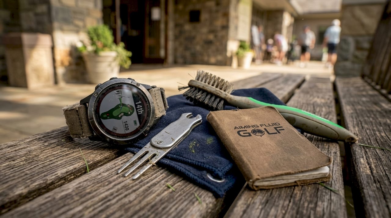 Multipurpose golf gadgets close up bench