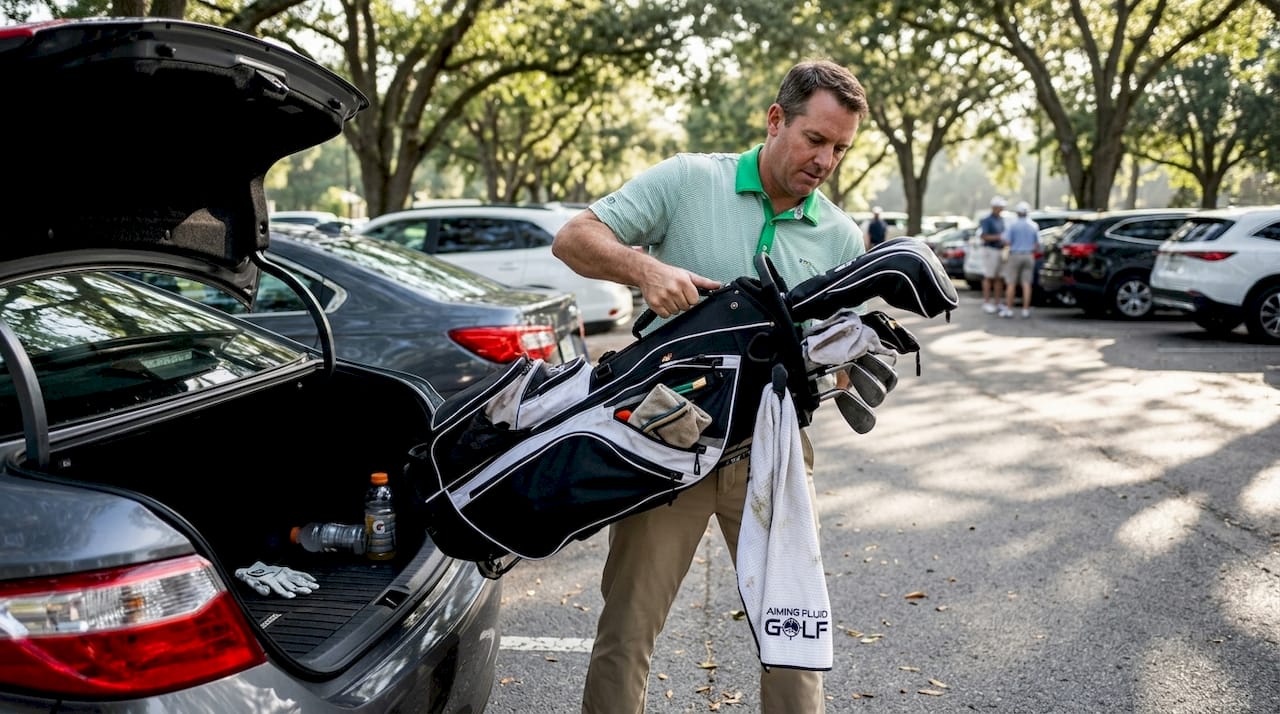 Golfer organizing gear before round
