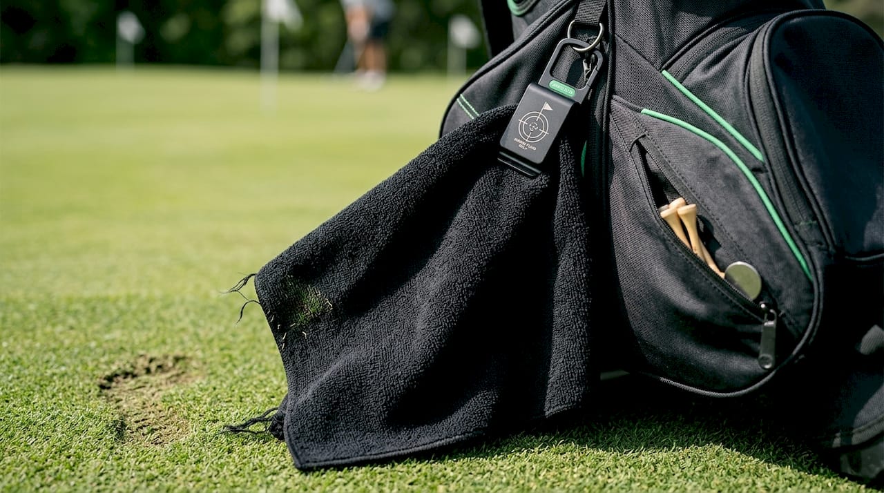 Golf towel clipped to bag with detail view