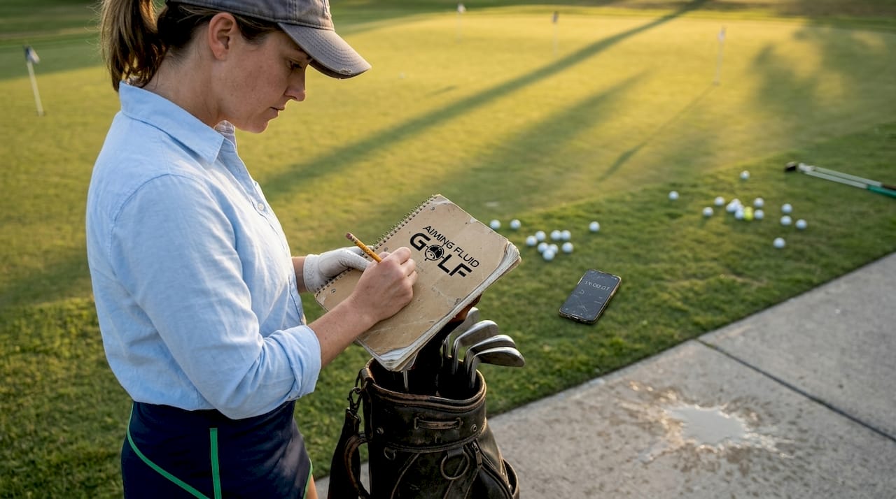 Golf player logging practice scores outdoors