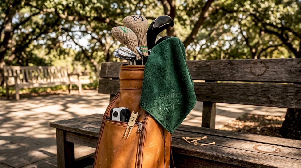 Premium golf accessories on leather bag