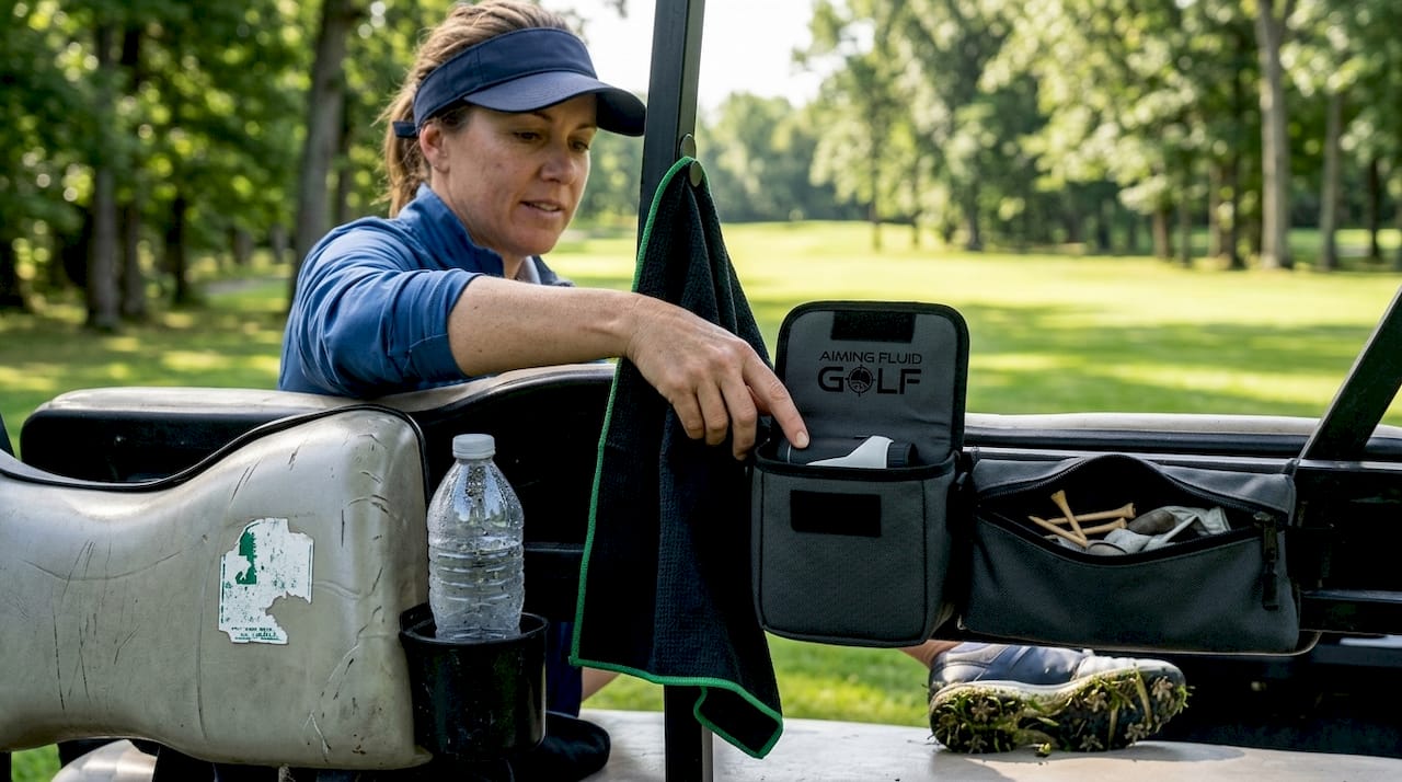 Golfer using magnetic towel and pouch