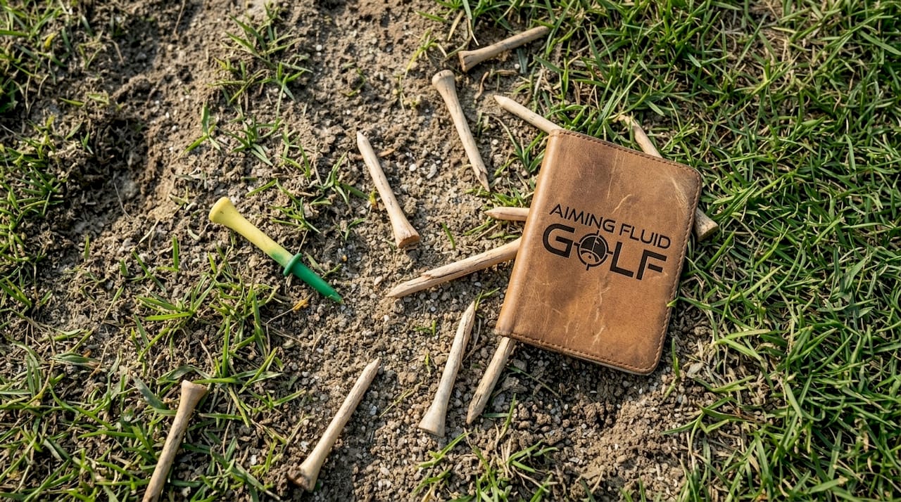 Broken wooden golf tees on rough ground