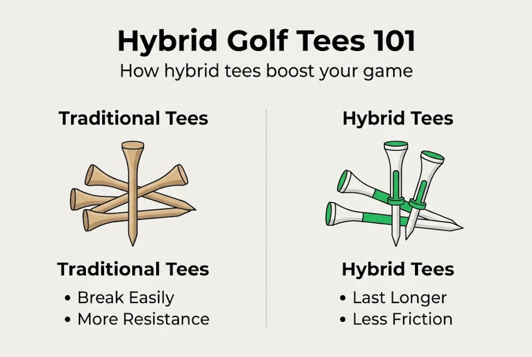 Infographic comparing hybrid and traditional golf tees