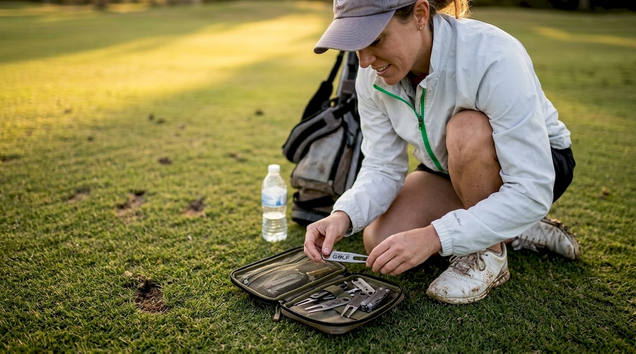 Golfer organizing accessories in golf bag