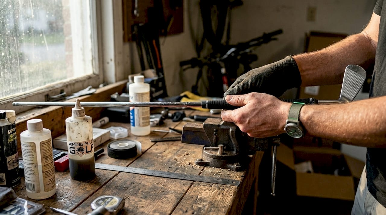 Hands installing ergonomic golf club grip