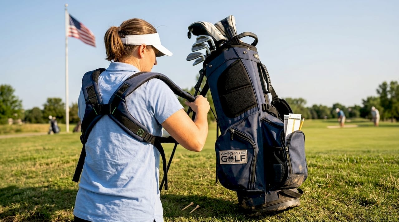Golfer adjusting ergonomic golf bag at tee