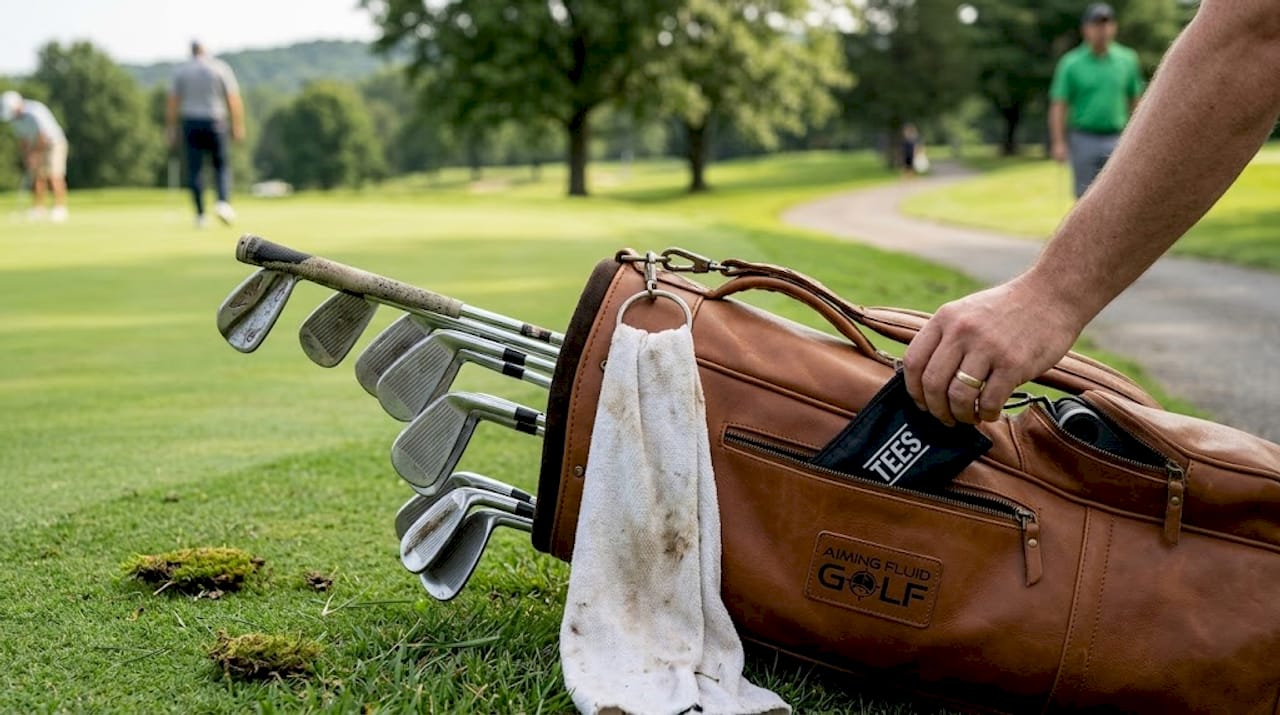 Closeup of organized golf bag with labeled gear