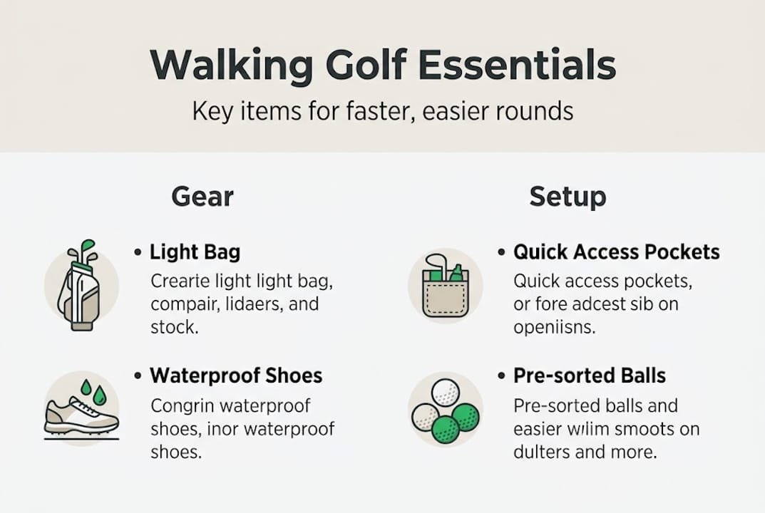 Infographic showing walking golfer essentials and setup