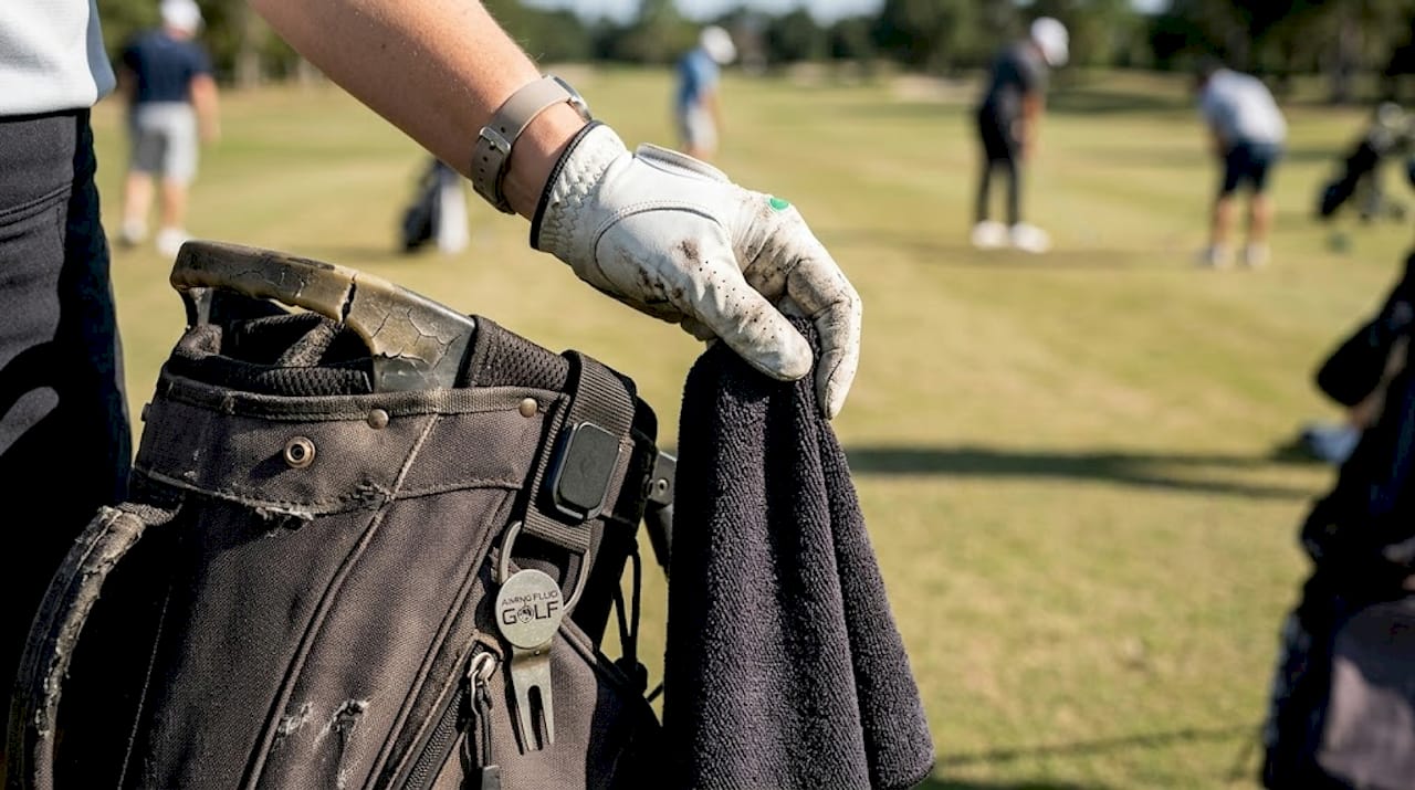 Hand retrieving magnetic towel on golf bag