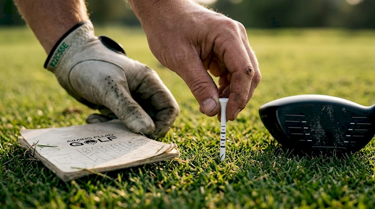 Hands pushing precision tee into grass
