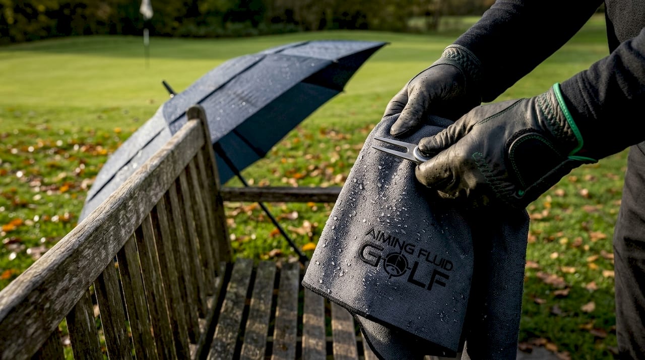 Durable golf tools with wet towel outdoors
