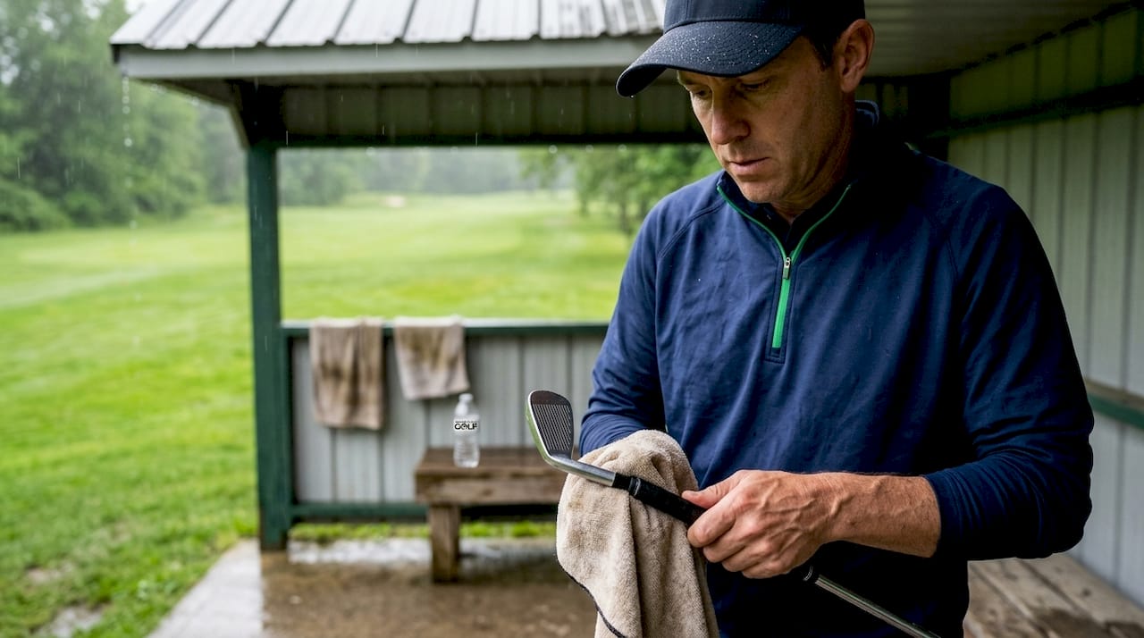 Man drying golf club grips from rain